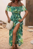 Off The Shoulder Abito estivo stampato arancione verde con fessura