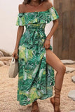 Off The Shoulder Abito estivo stampato arancione verde con fessura