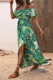 Off The Shoulder Abito estivo stampato arancione verde con fessura