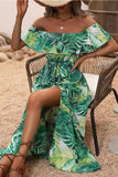 Off The Shoulder Abito estivo stampato arancione verde con fessura