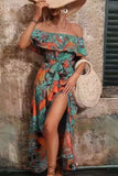 Off The Shoulder Abito estivo stampato arancione verde con fessura