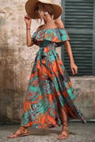 Off The Shoulder Abito estivo stampato arancione verde con fessura