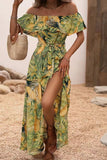 Off The Shoulder Abito estivo stampato arancione verde con fessura