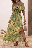 Off The Shoulder Abito estivo stampato arancione verde con fessura