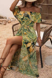 Off The Shoulder Abito estivo stampato arancione verde con fessura