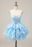 Blu Tiered Corsetto A Line senza spalline Abiti Da Cocktail con lacci sul retro