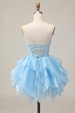 Blu Tiered Corsetto A Line senza spalline Abiti Da Cocktail con lacci sul retro
