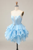 Blu Tiered Corsetto A Line senza spalline Abiti Da Cocktail con lacci sul retro