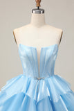 Blu Tiered Corsetto A Line senza spalline Abiti Da Cocktail con lacci sul retro