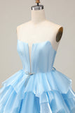 Blu Tiered Corsetto A Line senza spalline Abiti Da Cocktail con lacci sul retro