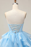 Blu Tiered Corsetto A Line senza spalline Abiti Da Cocktail con lacci sul retro