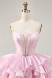 Blu Tiered Corsetto A Line senza spalline Abiti Da Cocktail con lacci sul retro