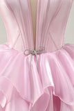 Blu Tiered Corsetto A Line senza spalline Abiti Da Cocktail con lacci sul retro