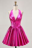 Metallic Fuchsia Halter Abito da Cocktail plissettato