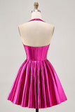 Metallic Fuchsia Halter Abito da Cocktail plissettato