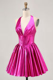 Metallic Fuchsia Halter Abito da Cocktail plissettato