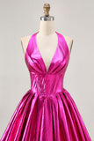 Metallic Fuchsia Halter Abito da Cocktail plissettato
