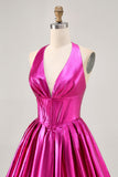 Metallic Fuchsia Halter Abito da Cocktail plissettato