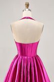 Metallic Fuchsia Halter Abito da Cocktail plissettato