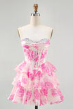 Rosa fiore senza spalline corsetto stampato Abito da Cocktail con paillettes