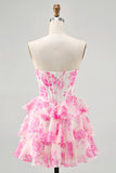 Rosa fiore senza spalline corsetto stampato Abito da Cocktail con paillettes