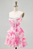 Rosa fiore senza spalline corsetto stampato Abito da Cocktail con paillettes