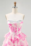 Rosa fiore senza spalline corsetto stampato Abito da Cocktail con paillettes