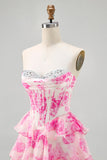 Rosa fiore senza spalline corsetto stampato Abito da Cocktail con paillettes