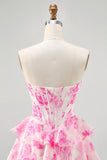 Rosa fiore senza spalline corsetto stampato Abito da Cocktail con paillettes