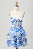 Bianco Blu floreale A-line senza spalline volant Cut Out Abito Da Cocktail con fiocco