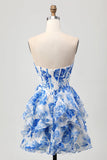 Bianco Blu floreale A-line senza spalline volant Cut Out Abito Da Cocktail con fiocco
