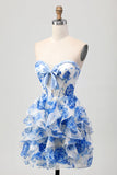 Bianco Blu floreale A-line senza spalline volant Cut Out Abito Da Cocktail con fiocco
