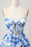 Bianco Blu floreale A-line senza spalline volant Cut Out Abito Da Cocktail con fiocco