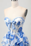 Bianco Blu floreale A-line senza spalline volant Cut Out Abito Da Cocktail con fiocco