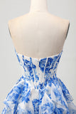 Bianco Blu floreale A-line senza spalline volant Cut Out Abito Da Cocktail con fiocco