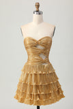Metallic Golden senza spalline tagliato plissettato Tiered Abito corto cerimonia