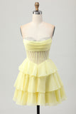 Giallo A-Line senza spalline corsetto a più livelli Abito da Cocktail con perline