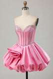 Rosa Bodycon Sweetheart Satin Corsetto Abito da Cocktail con strass