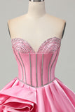 Rosa Bodycon Sweetheart Satin Corsetto Abito da Cocktail con strass