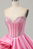 Rosa Bodycon Sweetheart Satin Corsetto Abito da Cocktail con strass