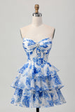 Bianco Blu floreale A-line corsetto a cuore a più livelli Abito Da Cocktail