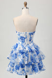 Bianco Blu floreale A-line corsetto a cuore a più livelli Abito Da Cocktail