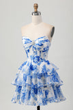 Bianco Blu floreale A-line corsetto a cuore a più livelli Abito Da Cocktail