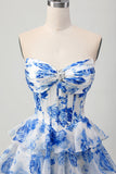 Bianco Blu floreale A-line corsetto a cuore a più livelli Abito Da Cocktail