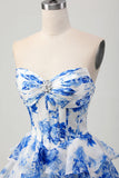 Bianco Blu floreale A-line corsetto a cuore a più livelli Abito Da Cocktail