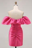 Raso Off The Shoulder Fucsia arruffato Tight Abiti Da Cocktail