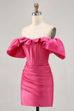 Raso Off The Shoulder Fucsia arruffato Tight Abiti Da Cocktail