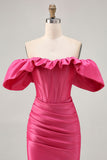 Raso Off The Shoulder Fucsia arruffato Tight Abiti Da Cocktail