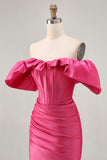 Raso Off The Shoulder Fucsia arruffato Tight Abiti Da Cocktail