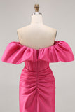 Raso Off The Shoulder Fucsia arruffato Tight Abiti Da Cocktail